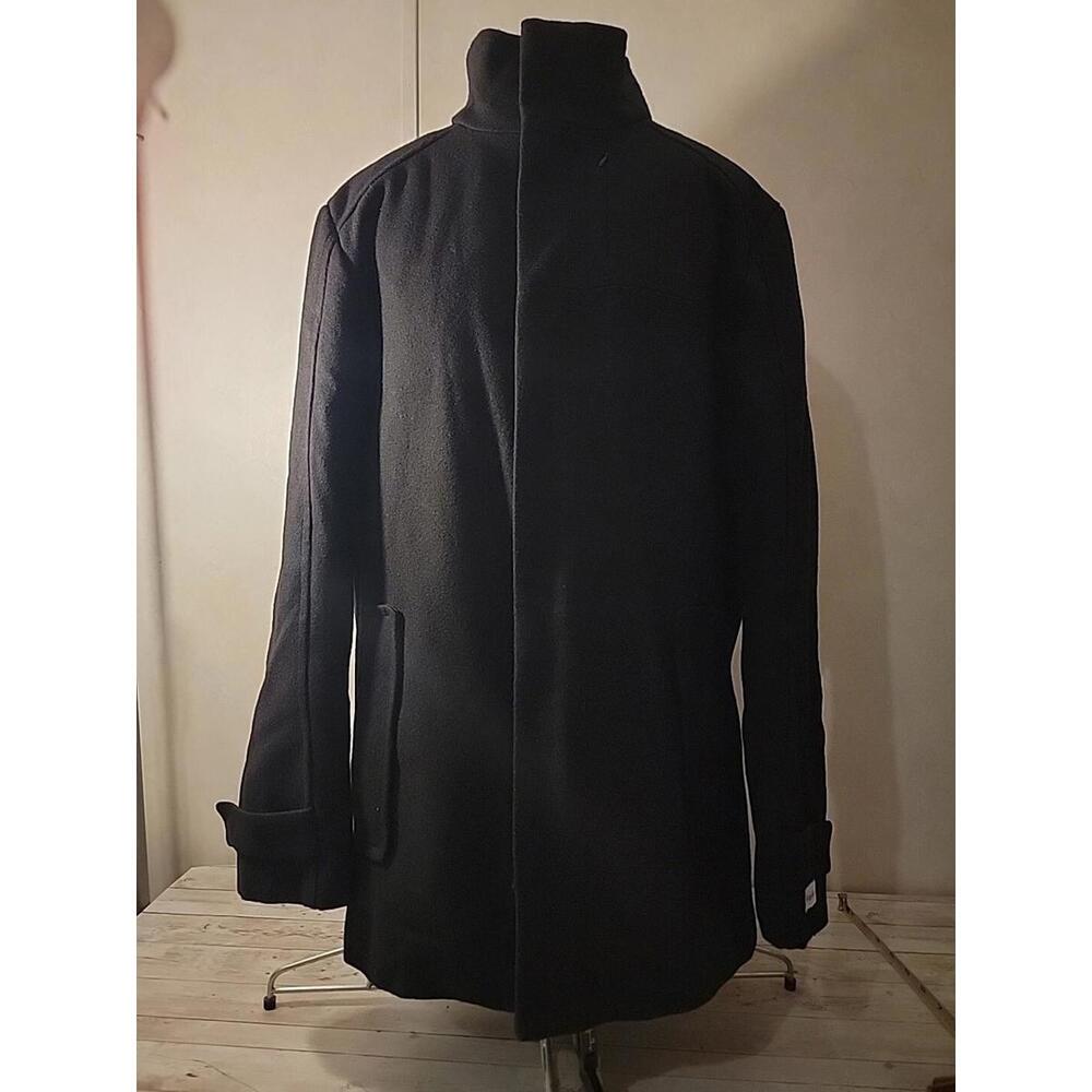 CALVIN KLEIN Black Wool Dress Coat Jacket Inside Pockets Full Zip 4 Snap Mens M